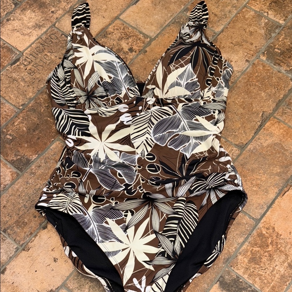 Bleu Rod Beattie Brown Leaf Print One Piece Swimsuit